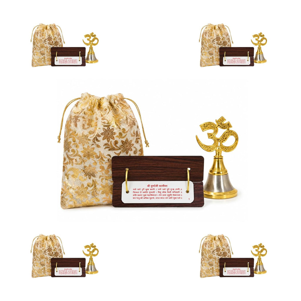 Durga Chalisa Pouch with Solid Brass Om Bell (Set of 5) - image 1
