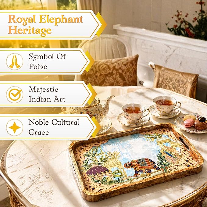 Elegant Wooden Serving Tray With Elephant Art