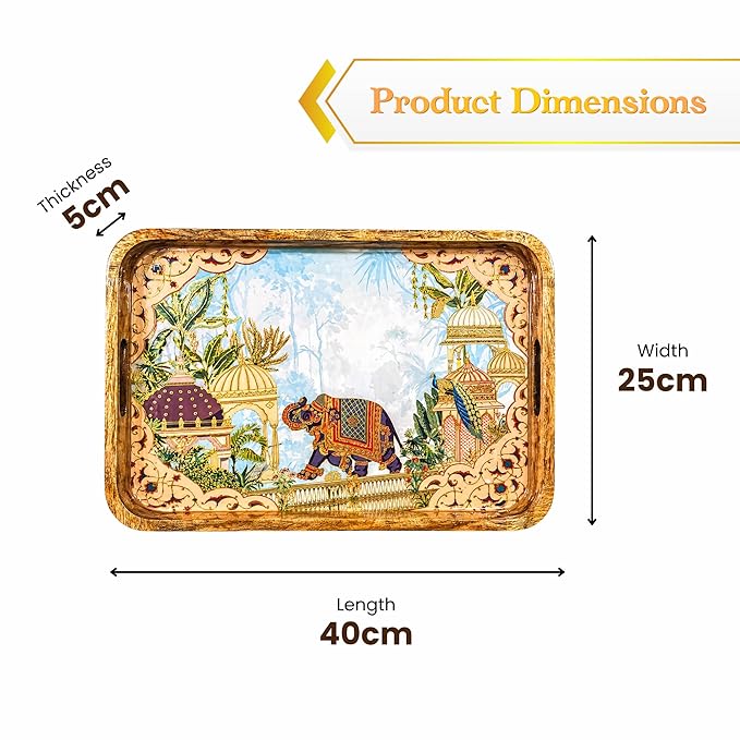 Elegant Wooden Serving Tray With Elephant Art