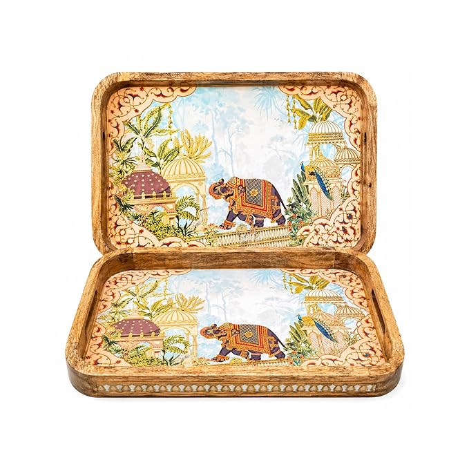 Elegant Wooden Serving Tray With Elephant Art