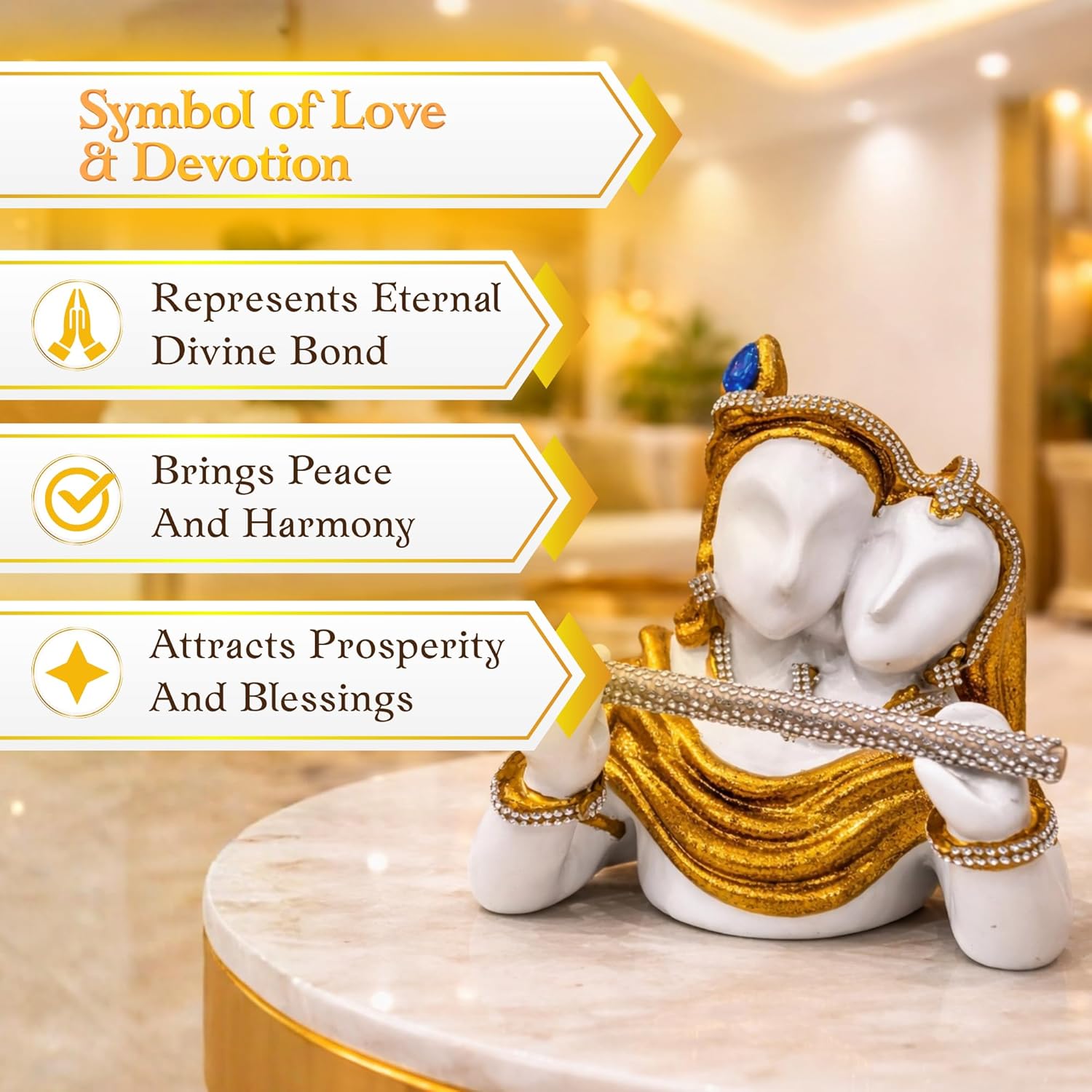 Radha Krishna Idol White & Gold | Krishna with Flute Murti | Hindu God Statue for Home Temple | Pooja Room Décor | Spiritual Gift for Housewarming - image 2