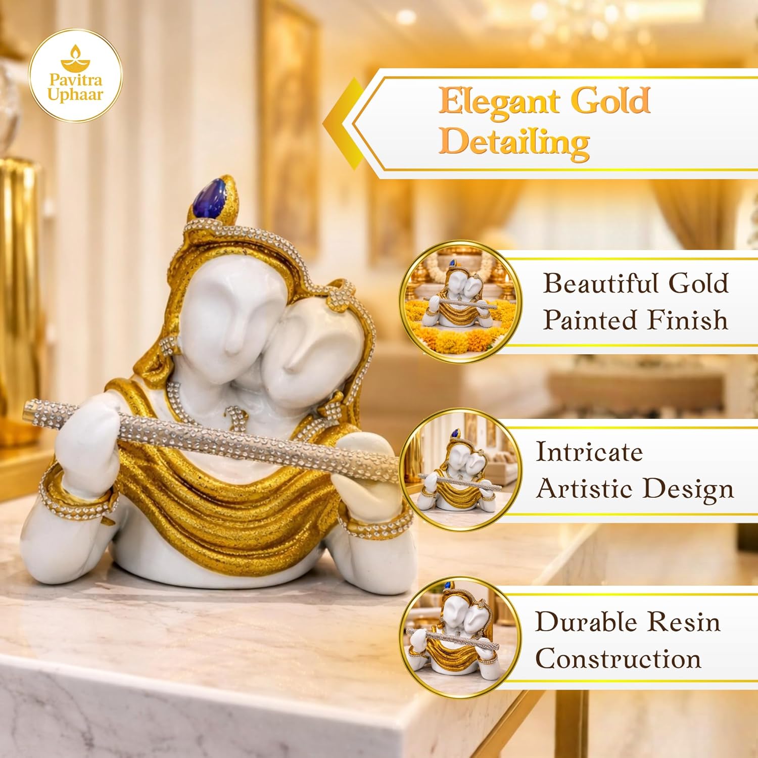 Radha Krishna Idol White & Gold | Krishna with Flute Murti | Hindu God Statue for Home Temple | Pooja Room Décor | Spiritual Gift for Housewarming - image 3