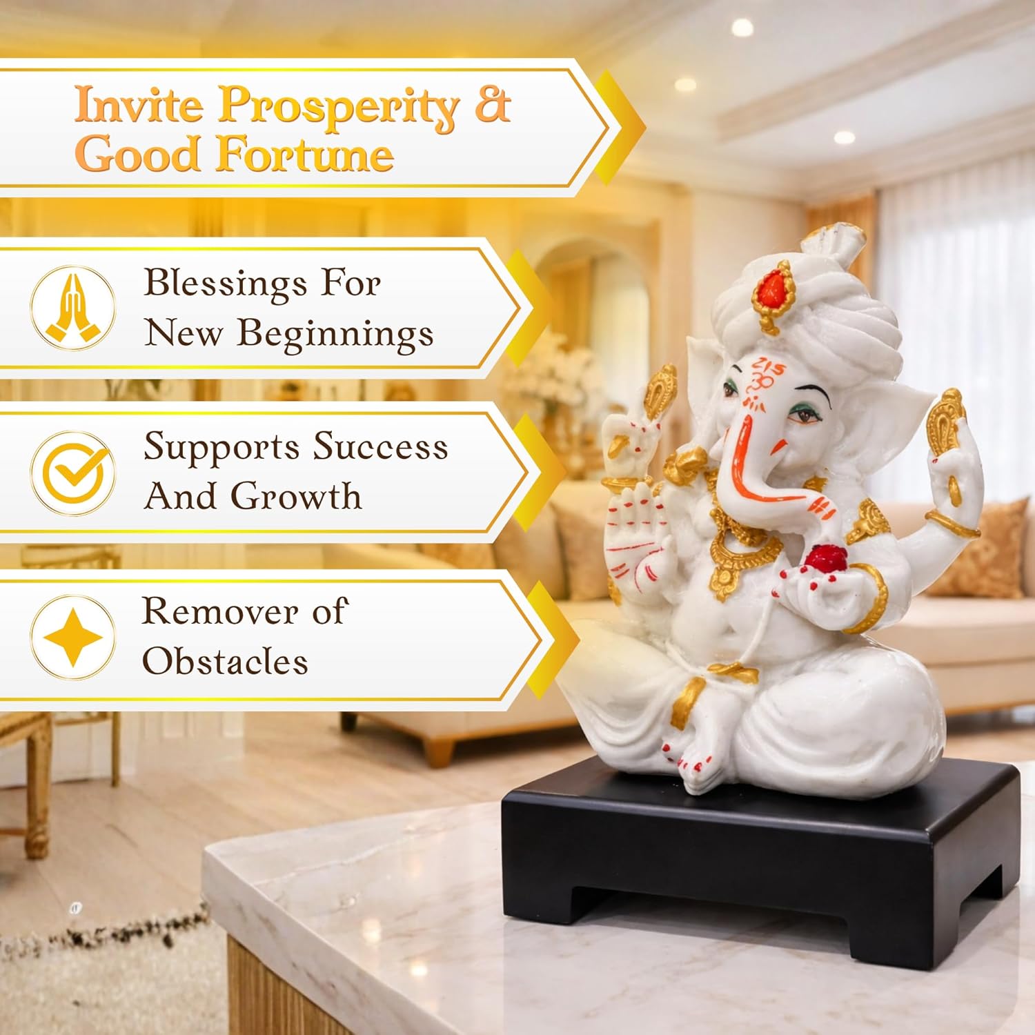 Lord Ganesha Idol White & Gold | Ganpati Murti for Home Temple | Pooja & Décor - image 2