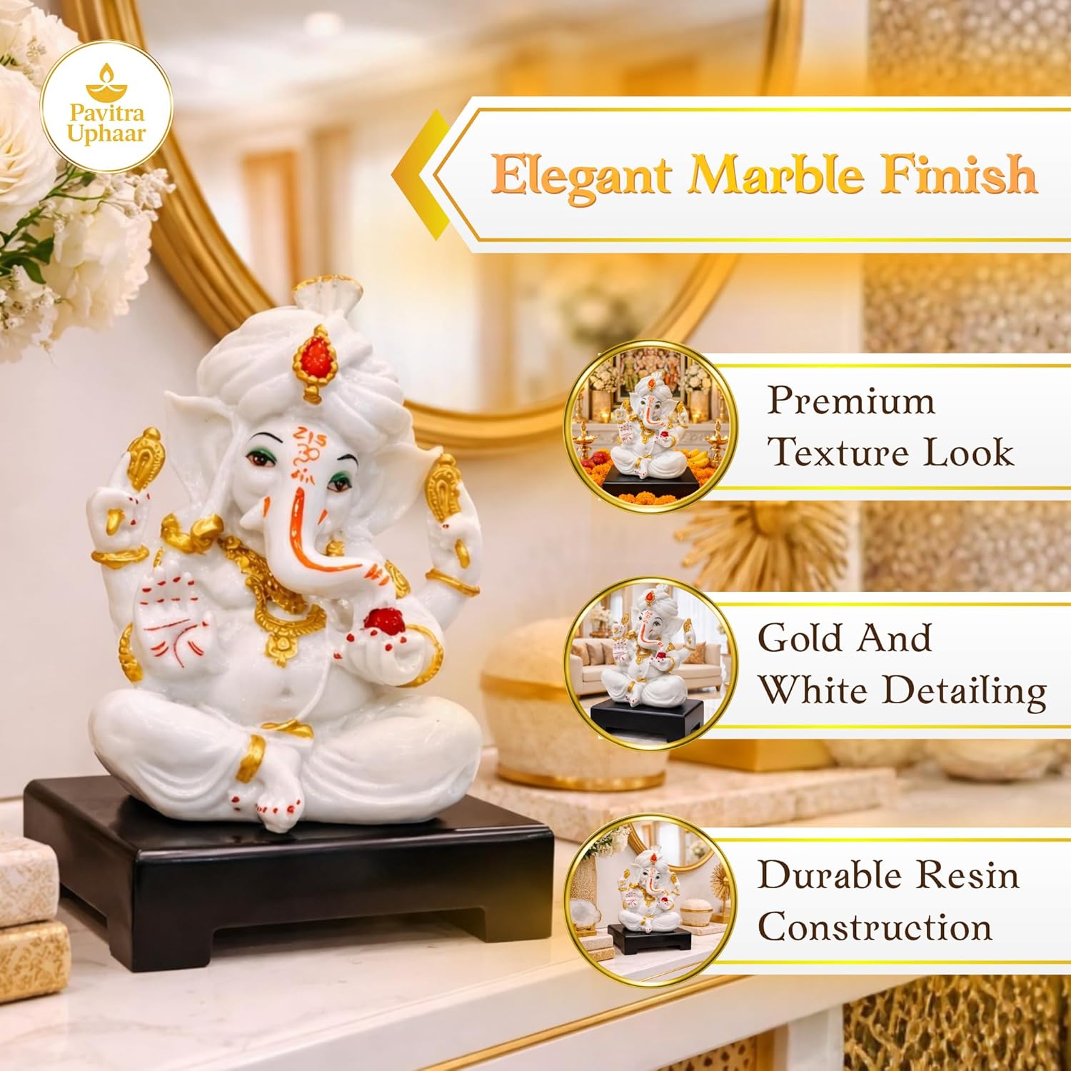 Lord Ganesha Idol White & Gold | Ganpati Murti for Home Temple | Pooja & Décor - image 3