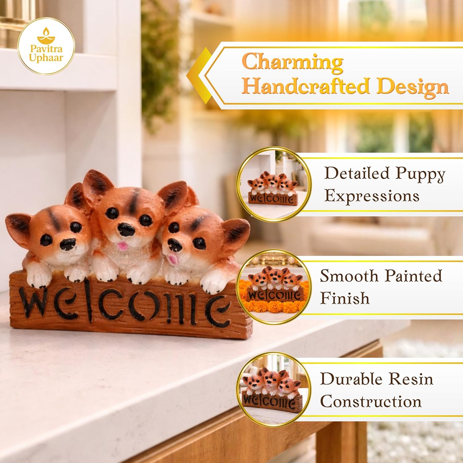 Dog Welcome Showpiece | Three Puppy Figurine for Home Entrance | Decorative Welcome Sign | Gift for Housewarming & Home Décor - image 3