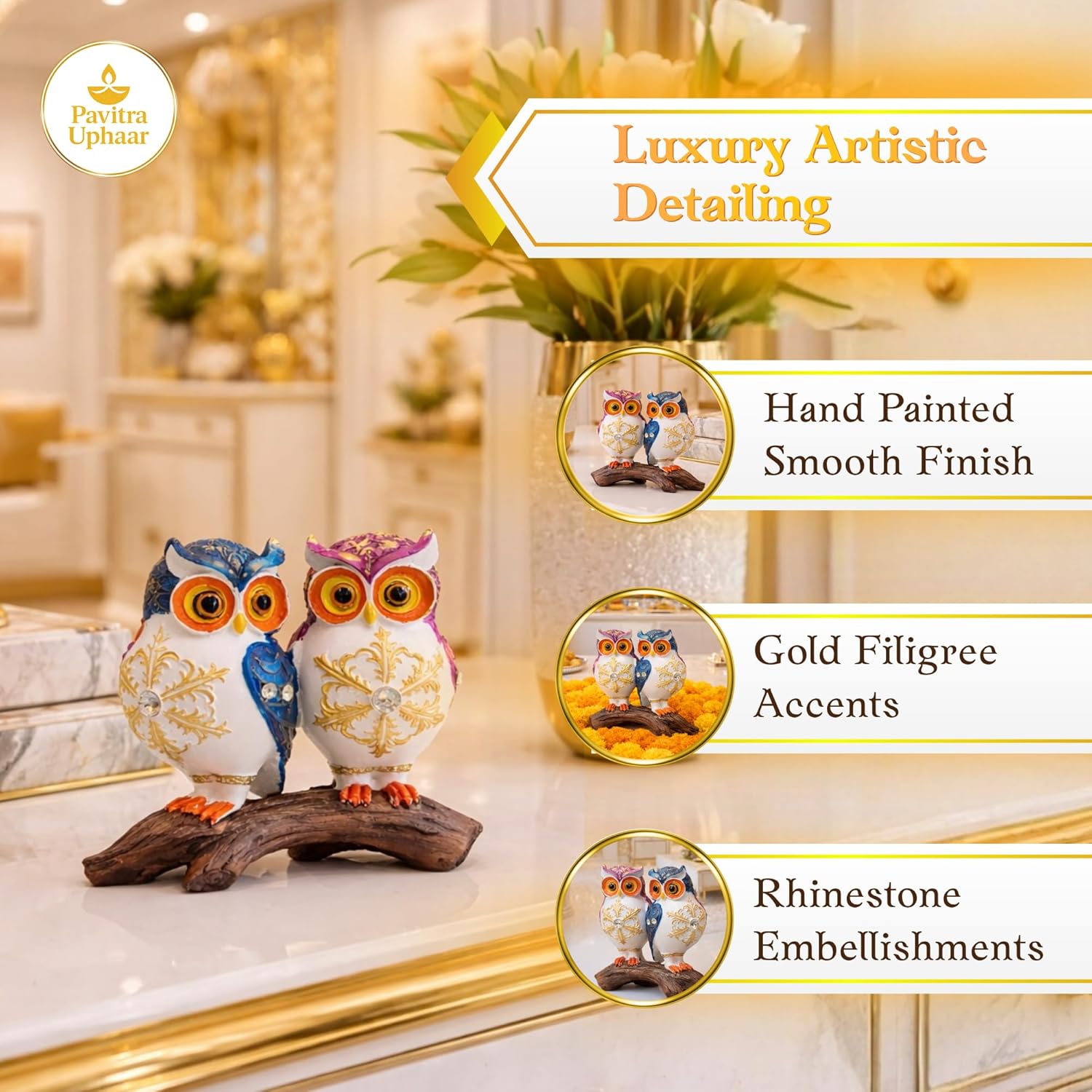 Hand-Painted Owl Couple Figurine | Decorative Showpiece Symbolising Wisdom & Love | Elegant Home Décor for Couples - image 3