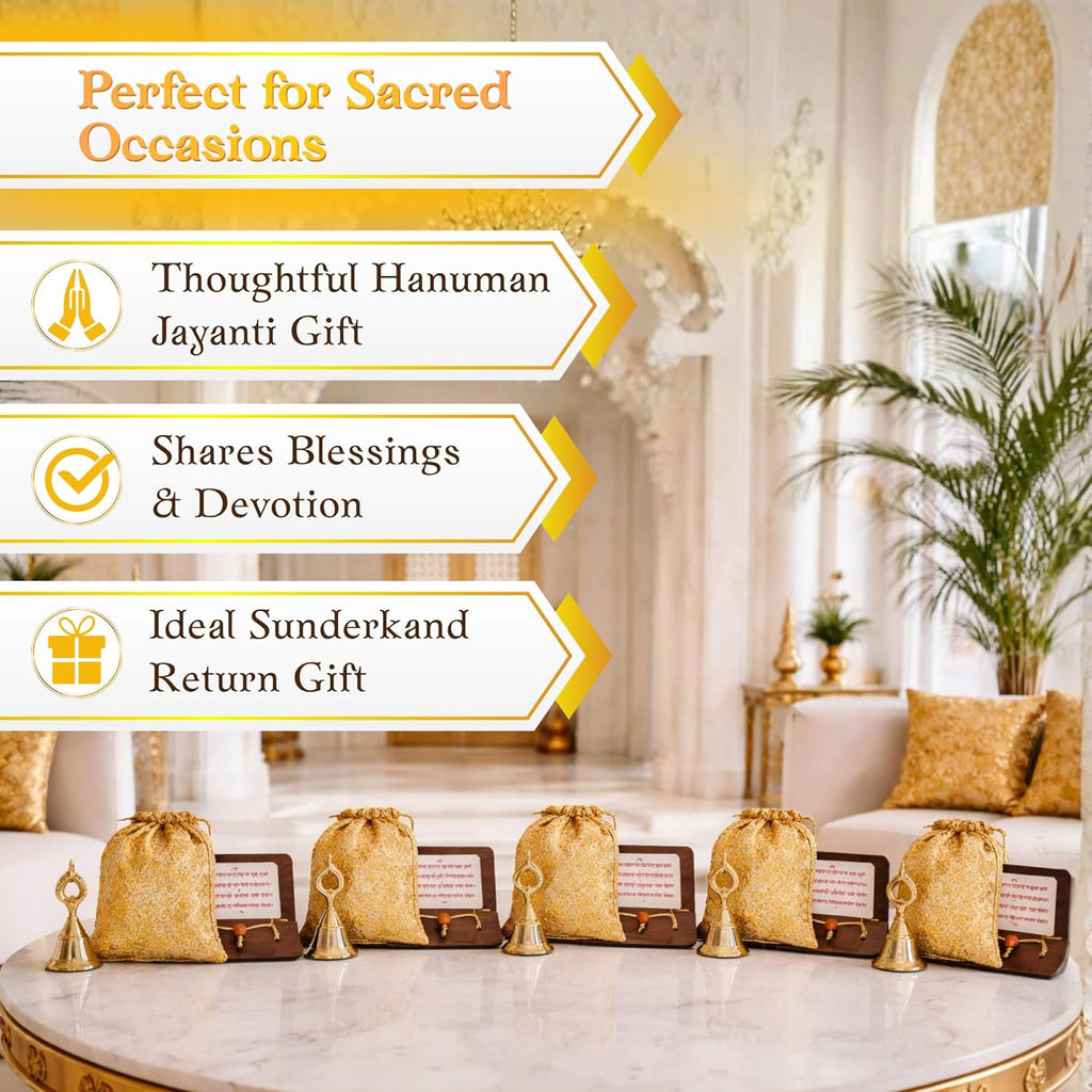 Hanuman Chalisa Wooden Stand with Peacock Shape Bell, Gold Floral Drawstring Pouch, Return Gift for Sunderkand Paath, Set of 5 - image 2