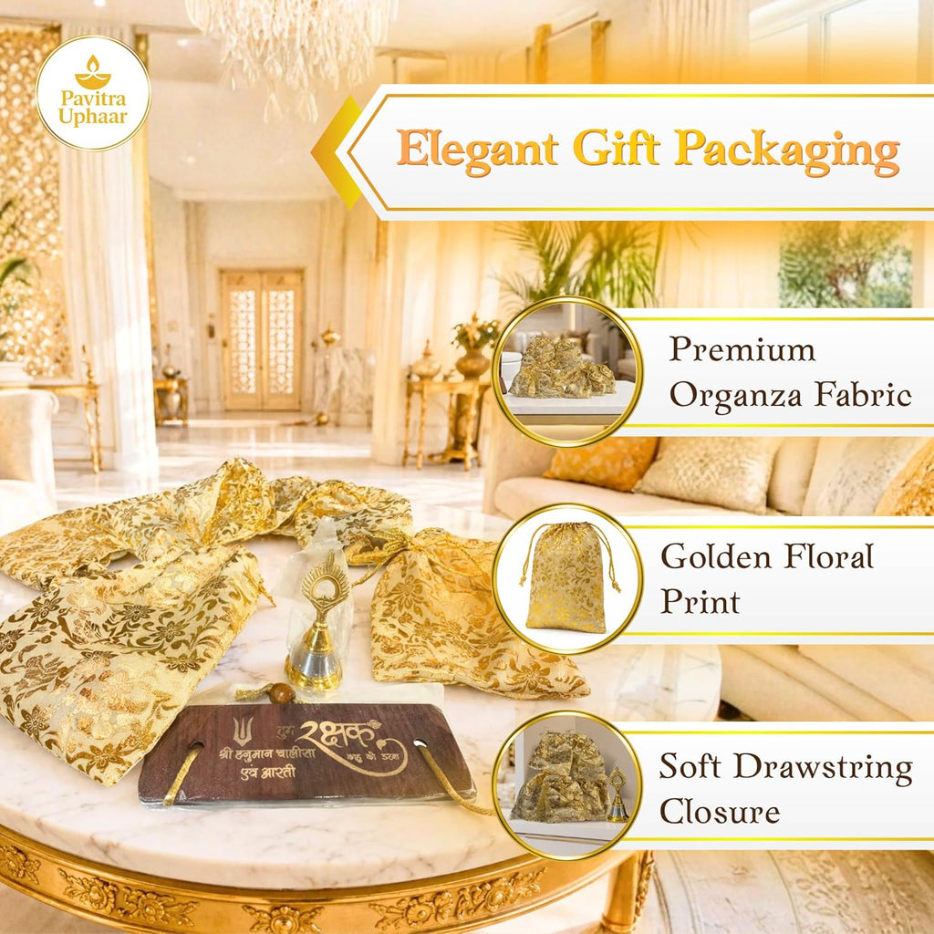 Hanuman Chalisa Wooden Stand with Peacock Shape Bell, Gold Floral Drawstring Pouch, Return Gift for Sunderkand Paath, Set of 5 - image 3