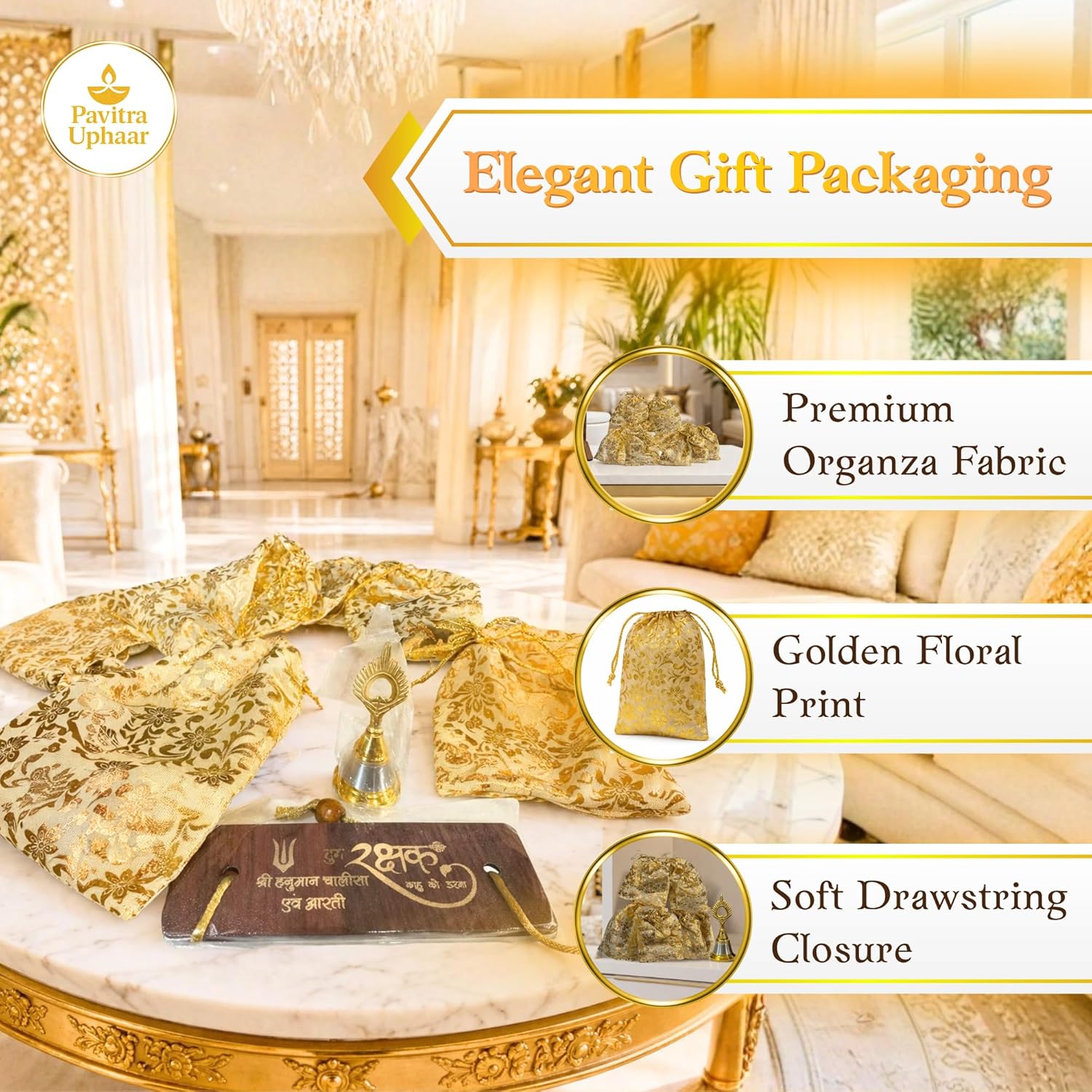 Hanuman Chalisa Wooden Stand with Peacock Shape Bell, Gold Floral Drawstring Pouch, Return Gift for Sunderkand Paath, Set of 5 - image 3