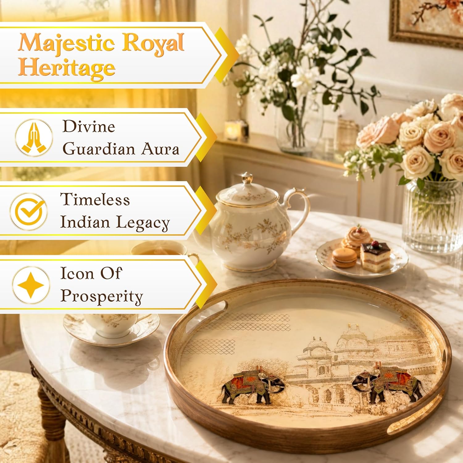 Pavitra Uphaar Handcrafted Round Wooden Tray, 15 Inch Dia, Indian Art Design, with Handles for Gifting on Weddings, House Warming - image 2