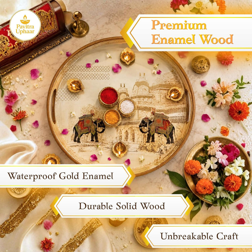 Pavitra Uphaar Handcrafted Round Wooden Tray, 15 Inch Dia, Indian Art Design, with Handles for Gifting on Weddings, House Warming - image 3