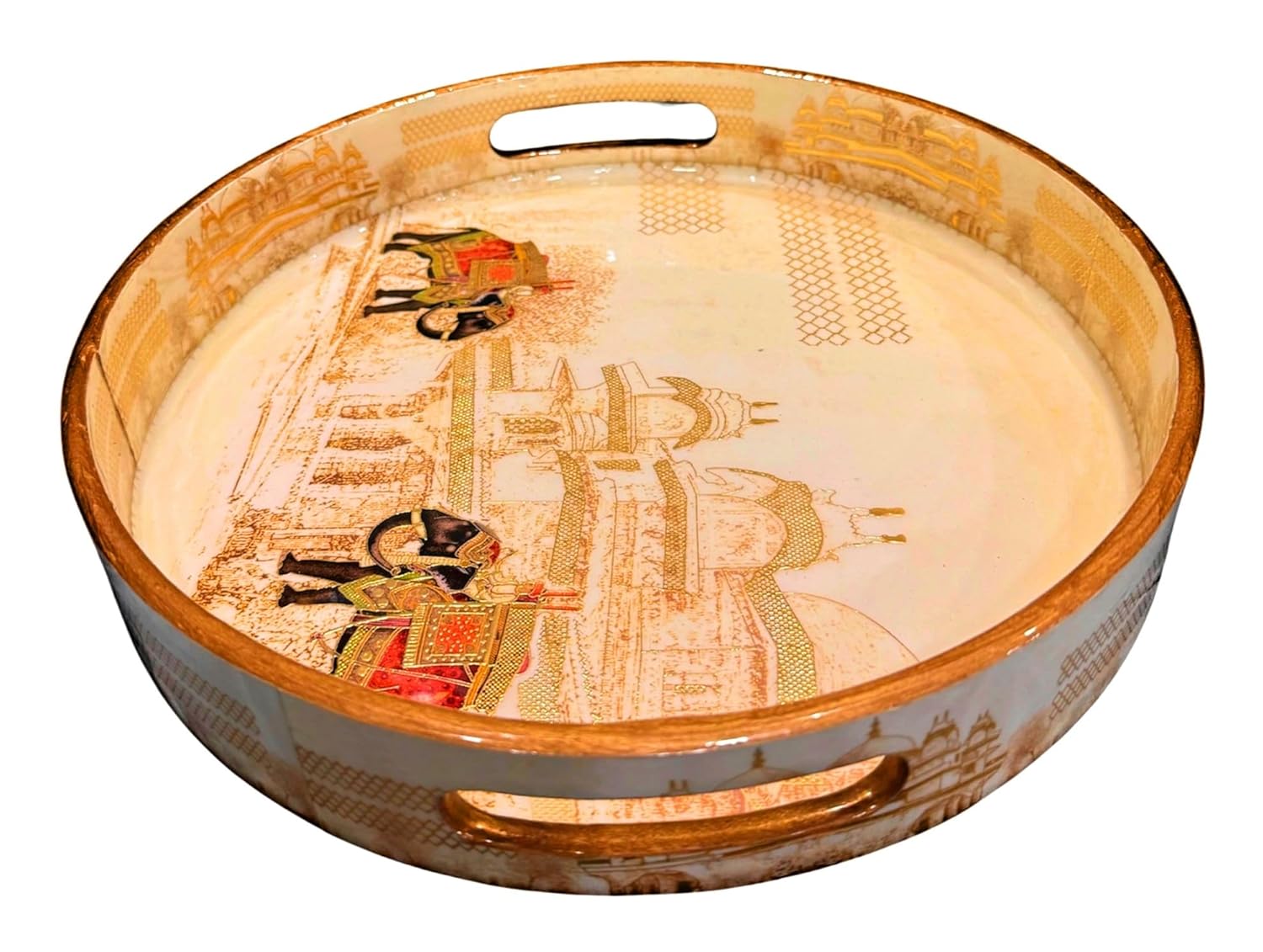 Pavitra Uphaar Handcrafted Round Wooden Tray, 15 Inch Dia, Indian Art Design, with Handles for Gifting on Weddings, House Warming - image 6