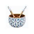 Salad Bowl Set with 2 Serving Spoons, Blue and White, Handcrafted Solid Wood, Paisley Floral Design, Waterproof Enamel Finish (Floral) - image 1