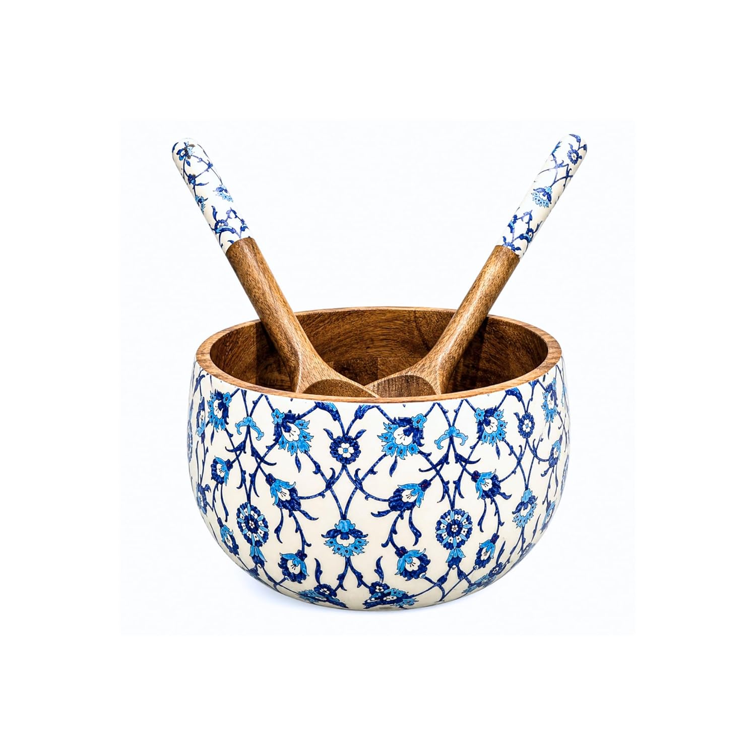 Salad Bowl Set with 2 Serving Spoons, Blue and White, Handcrafted Solid Wood, Paisley Floral Design, Waterproof Enamel Finish (Floral) - image 1