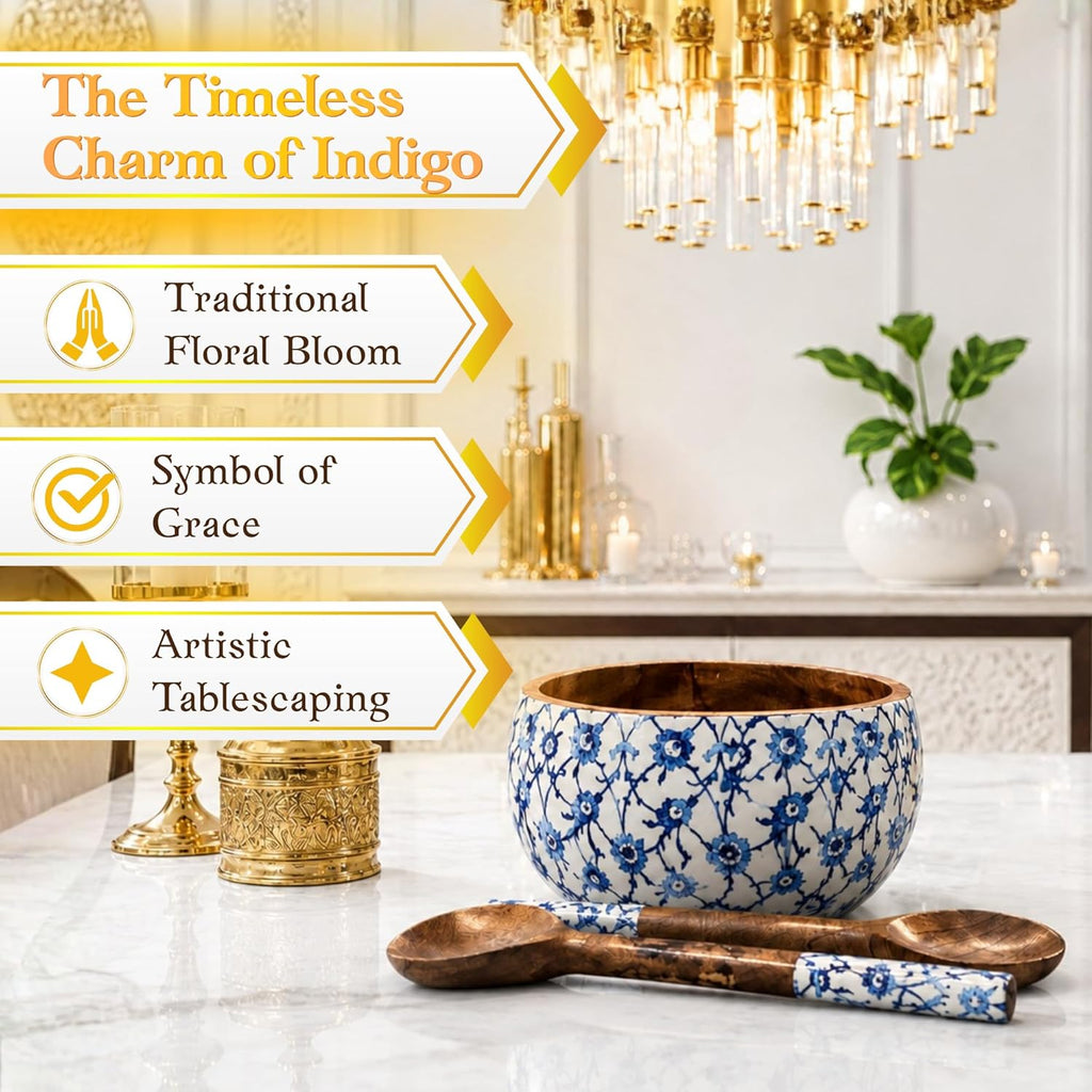 Salad Bowl Set with 2 Serving Spoons, Blue and White, Handcrafted Solid Wood, Paisley Floral Design, Waterproof Enamel Finish (Floral) - image 2