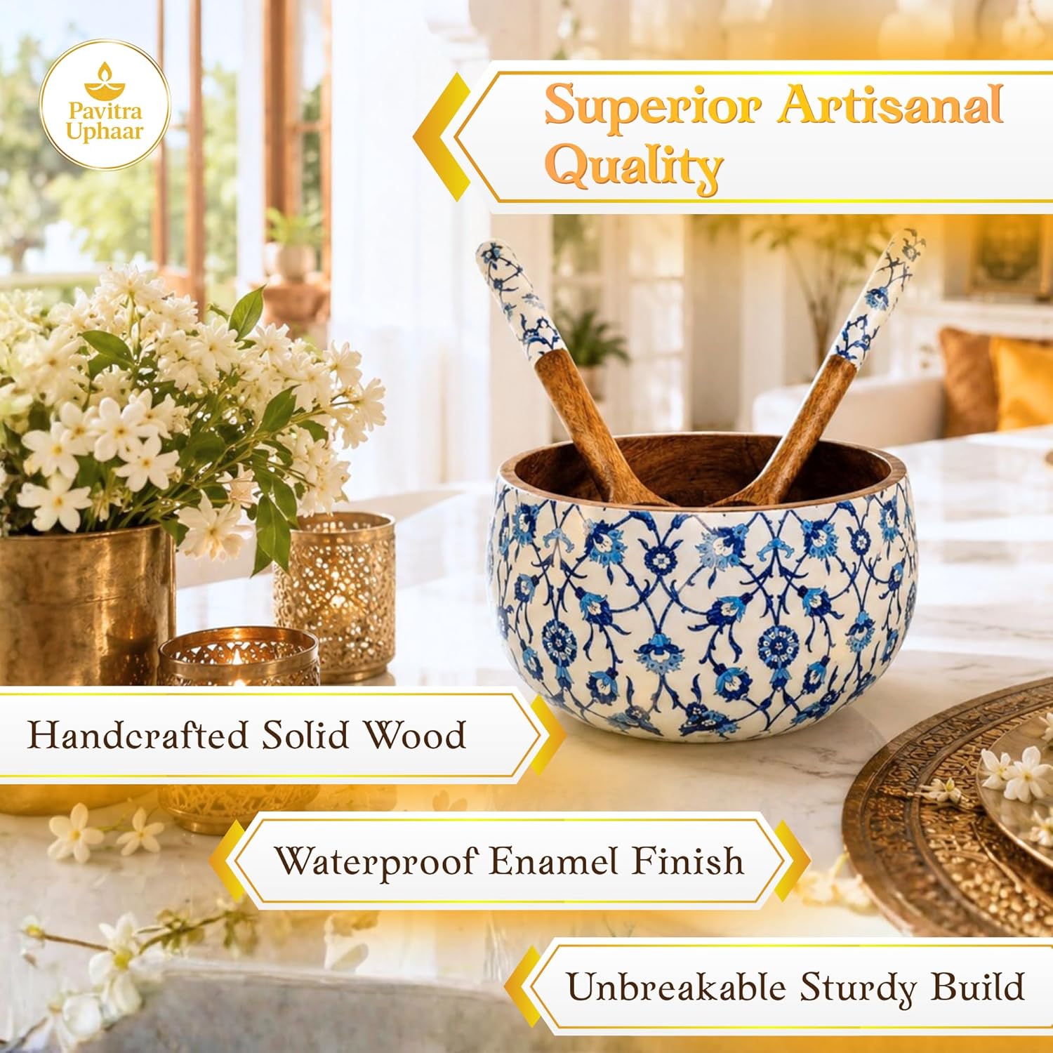 Salad Bowl Set with 2 Serving Spoons, Blue and White, Handcrafted Solid Wood, Paisley Floral Design, Waterproof Enamel Finish (Floral) - image 3