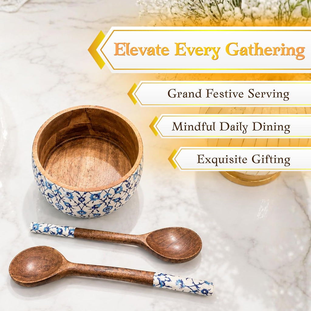 Salad Bowl Set with 2 Serving Spoons, Blue and White, Handcrafted Solid Wood, Paisley Floral Design, Waterproof Enamel Finish (Floral) - image 4