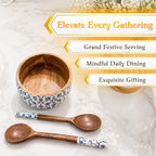 Salad Bowl Set with 2 Serving Spoons, Blue and White, Handcrafted Solid Wood, Paisley Floral Design, Waterproof Enamel Finish (Floral) - image 4