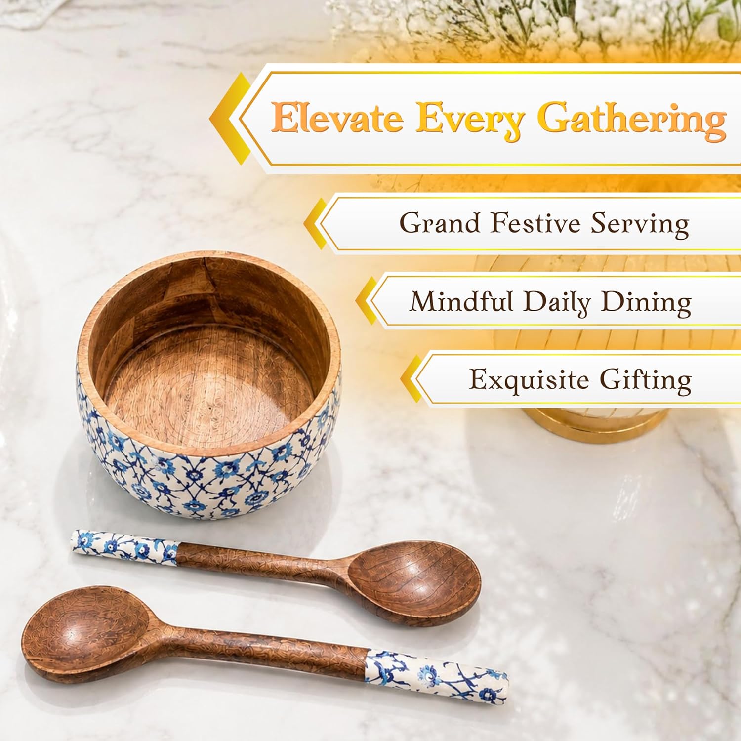 Salad Bowl Set with 2 Serving Spoons, Blue and White, Handcrafted Solid Wood, Paisley Floral Design, Waterproof Enamel Finish (Floral) - image 4