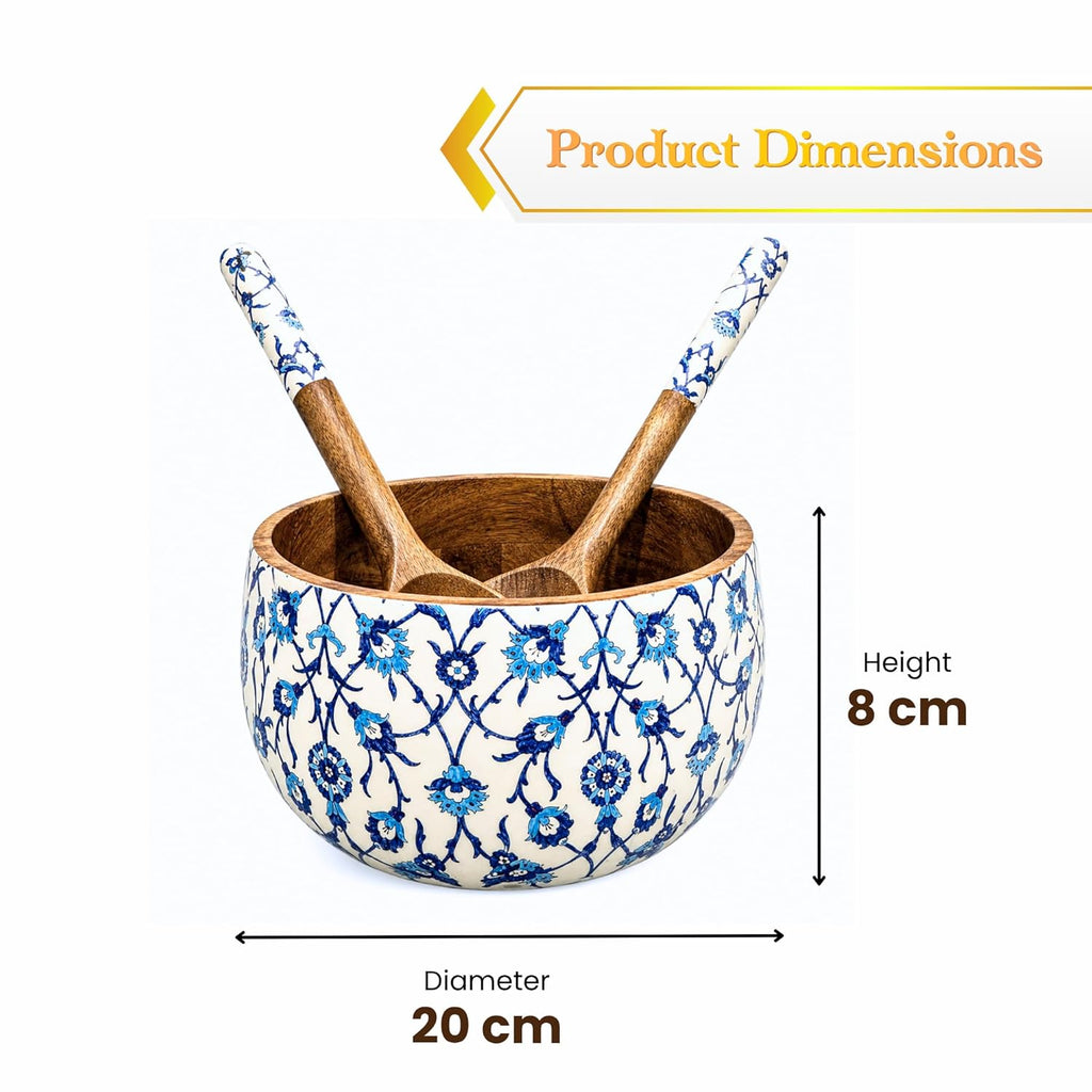Salad Bowl Set with 2 Serving Spoons, Blue and White, Handcrafted Solid Wood, Paisley Floral Design, Waterproof Enamel Finish (Floral) - image 5