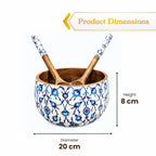 Salad Bowl Set with 2 Serving Spoons, Blue and White, Handcrafted Solid Wood, Paisley Floral Design, Waterproof Enamel Finish (Floral) - image 5