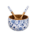 Salad Bowl Set with 2 Serving Spoons, Blue and White, Handcrafted Solid Wood, Paisley Floral Design, Waterproof Enamel Finish (Indigo Paisley) - image 1