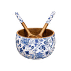 Salad Bowl Set with 2 Serving Spoons, Blue and White, Handcrafted Solid Wood, Paisley Floral Design, Waterproof Enamel Finish (Indigo Paisley) - image 1