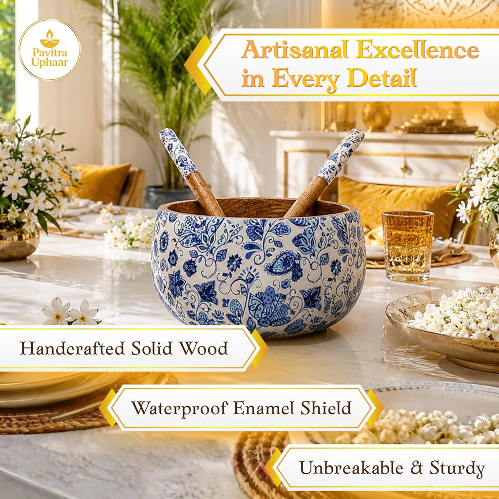 Salad Bowl Set with 2 Serving Spoons, Blue and White, Handcrafted Solid Wood, Paisley Floral Design, Waterproof Enamel Finish (Indigo Paisley) - image 3