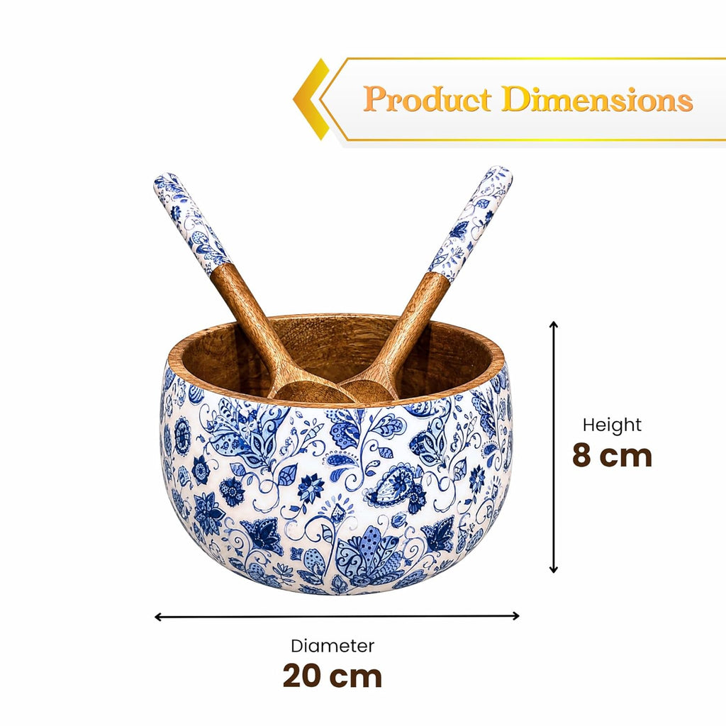 Salad Bowl Set with 2 Serving Spoons, Blue and White, Handcrafted Solid Wood, Paisley Floral Design, Waterproof Enamel Finish (Indigo Paisley) - image 5