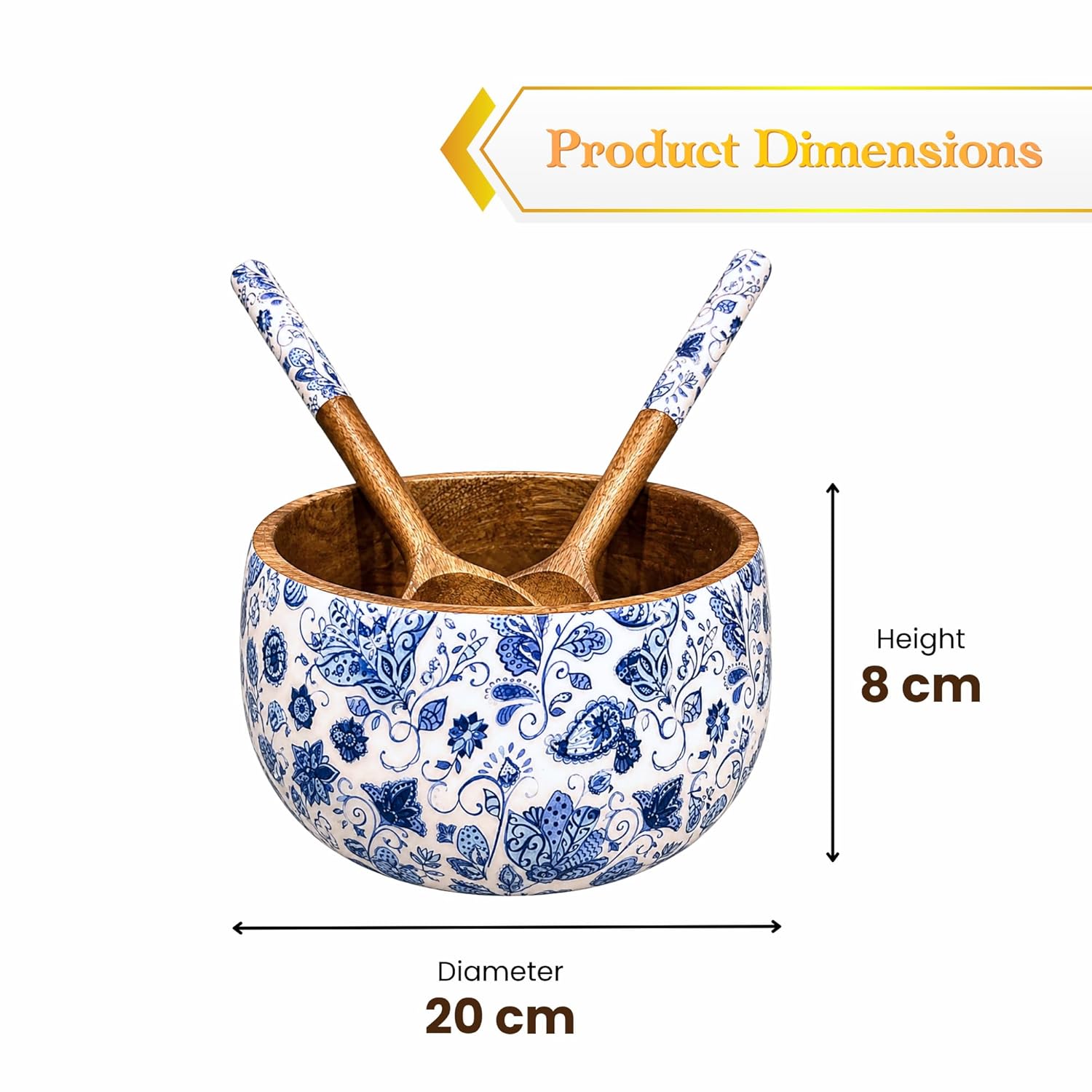 Salad Bowl Set with 2 Serving Spoons, Blue and White, Handcrafted Solid Wood, Paisley Floral Design, Waterproof Enamel Finish (Indigo Paisley) - image 5
