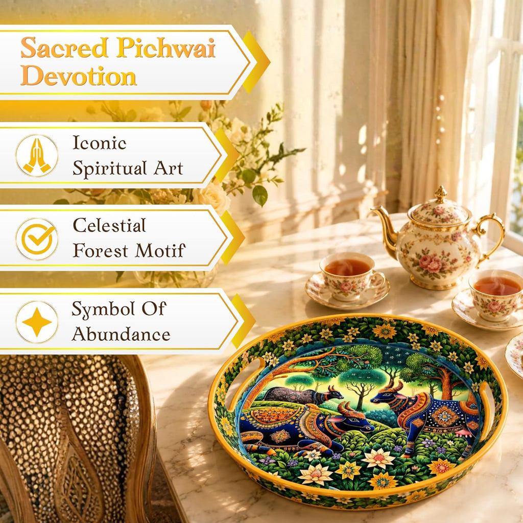 Pichwai Art Round Serving Tray, Celestial Forest Motif with Sacred Cow Design, Solid Wood, Glossy Finish, 38.1 cm - image 2