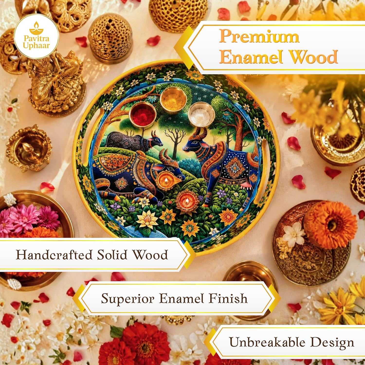 Pichwai Art Round Serving Tray, Celestial Forest Motif with Sacred Cow Design, Solid Wood, Glossy Finish, 38.1 cm - image 3