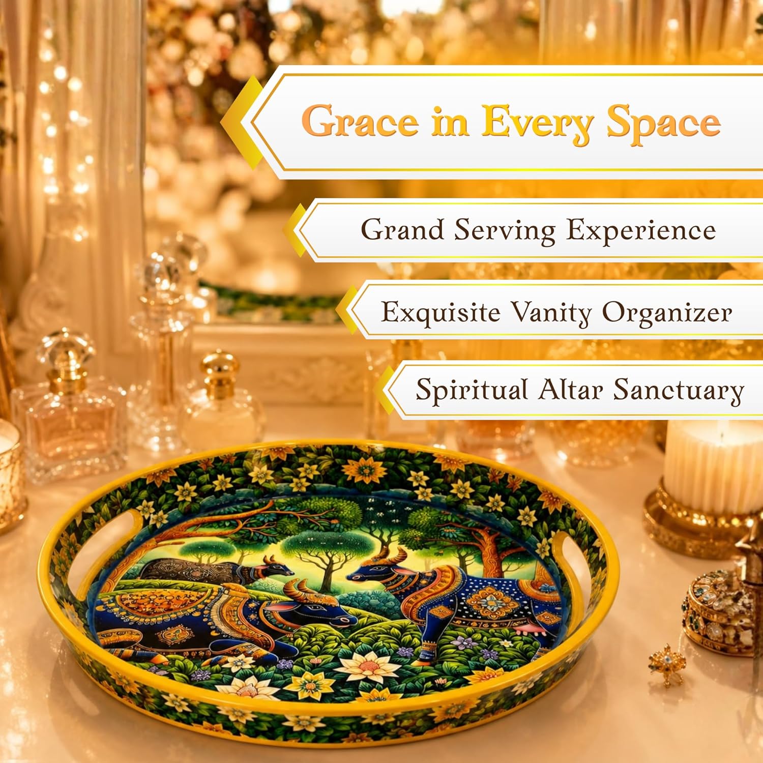 Pichwai Art Round Serving Tray, Celestial Forest Motif with Sacred Cow Design, Solid Wood, Glossy Finish, 38.1 cm - image 4