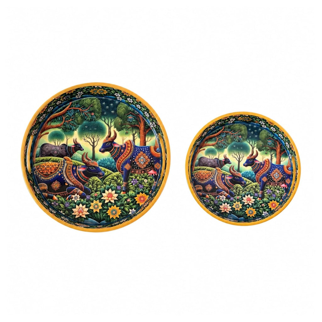 Pichwai Art Round Serving Tray, Celestial Forest Motif with Sacred Cow Design, Solid Wood, Glossy Finish, 38.1 cm - image 5