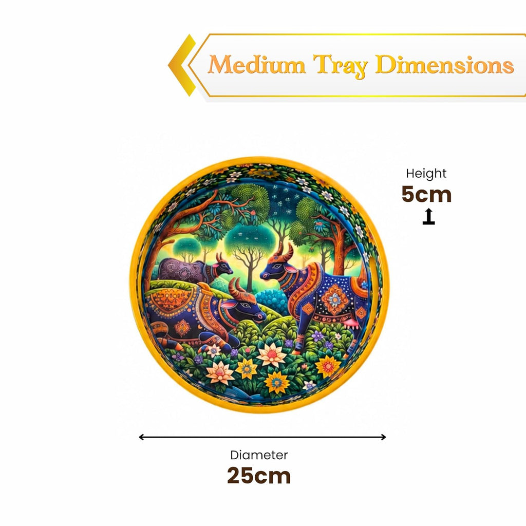 Pichwai Art Round Serving Tray, Celestial Forest Motif with Sacred Cow Design, Solid Wood, Glossy Finish, 38.1 cm - image 6