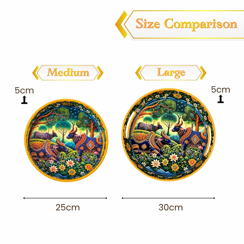 Pichwai Art Round Serving Tray, Celestial Forest Motif with Sacred Cow Design, Solid Wood, Glossy Finish, 38.1 cm - image 7