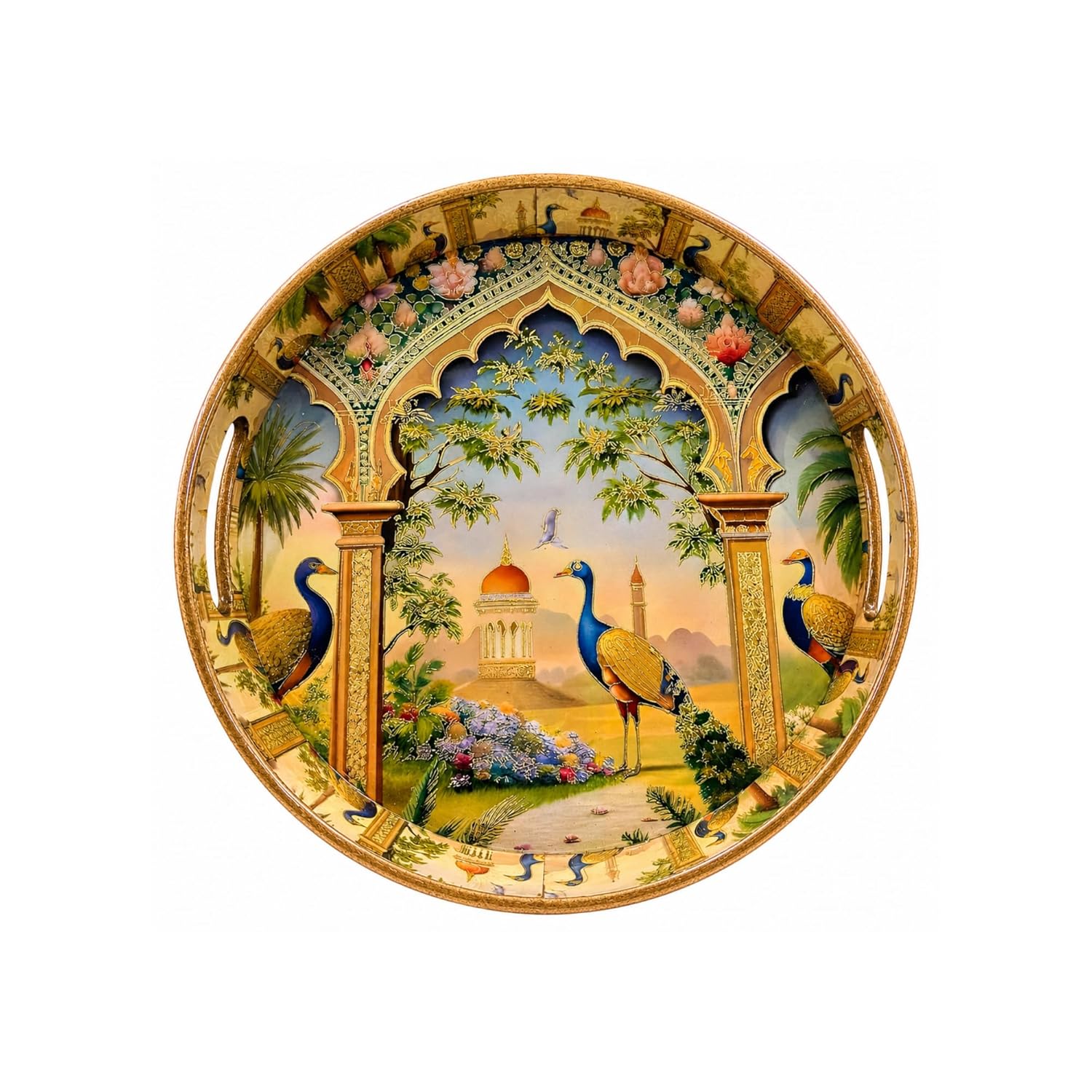 Royal Peacock Decorative Serving Tray, Solid Wood, Round, Glossy Finish, Handcrafted, Traditional Indian Style, 38.1 cm - image 1