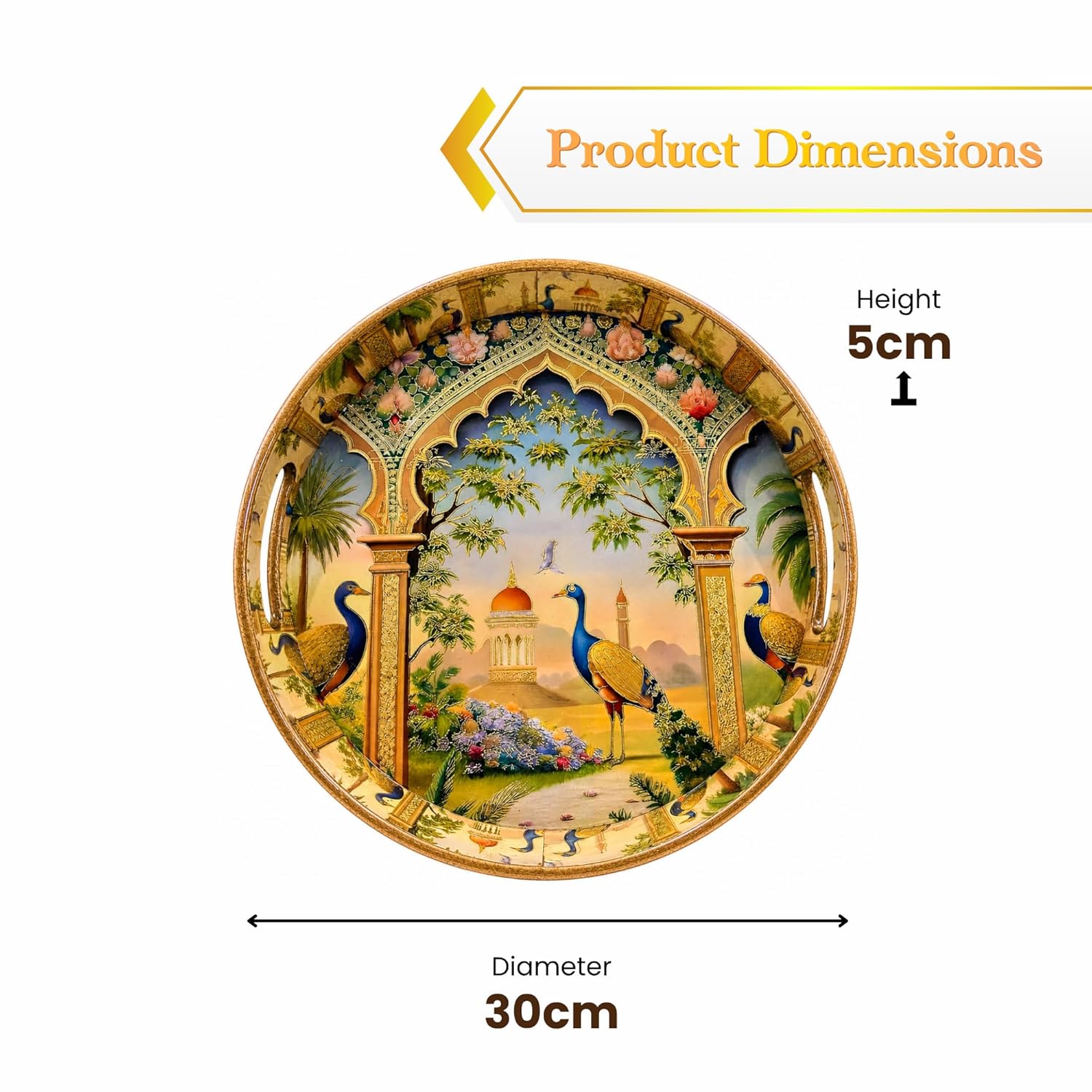 Royal Peacock Decorative Serving Tray, Solid Wood, Round, Glossy Finish, Handcrafted, Traditional Indian Style, 38.1 cm - image 2