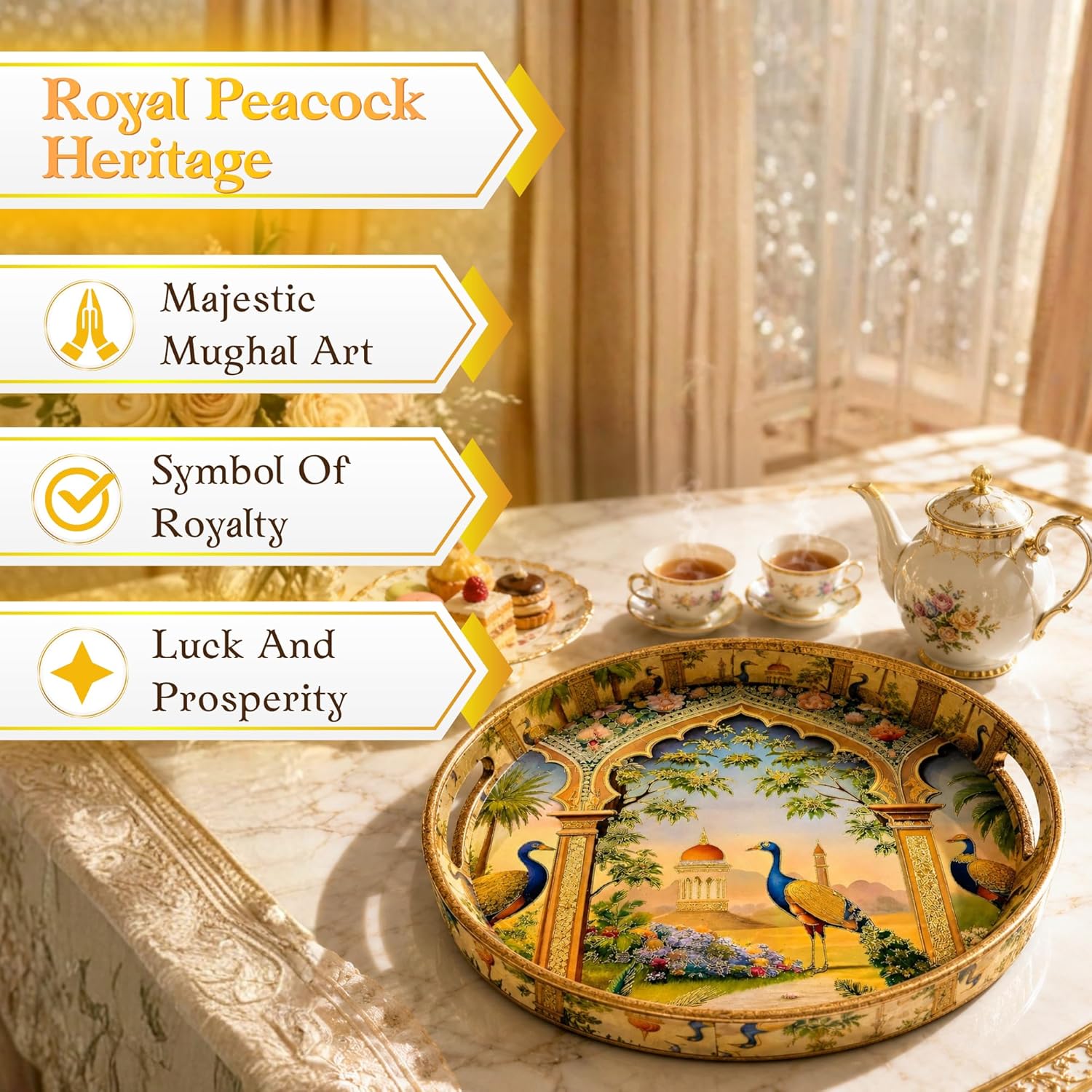 Royal Peacock Decorative Serving Tray, Solid Wood, Round, Glossy Finish, Handcrafted, Traditional Indian Style, 38.1 cm - image 4