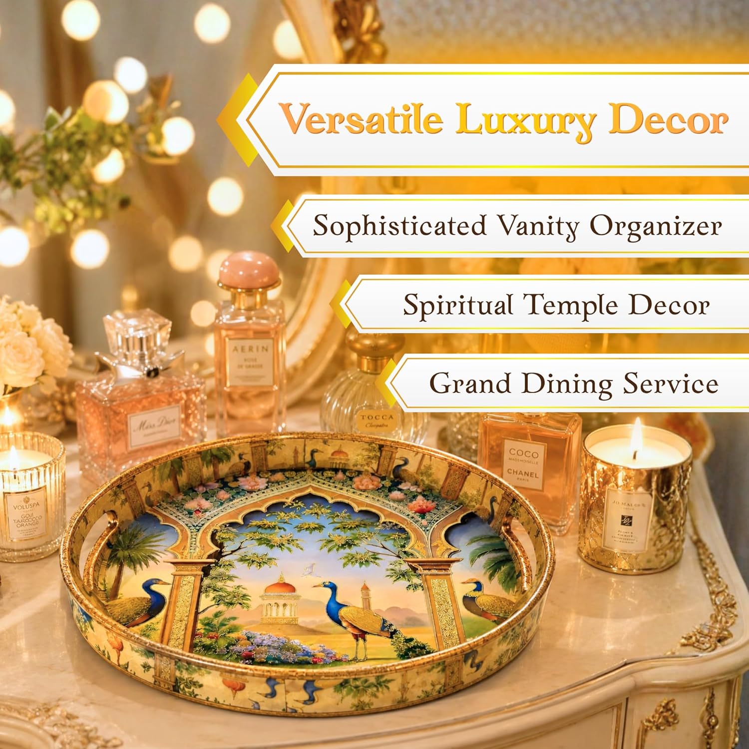 Royal Peacock Decorative Serving Tray, Solid Wood, Round, Glossy Finish, Handcrafted, Traditional Indian Style, 38.1 cm - image 5