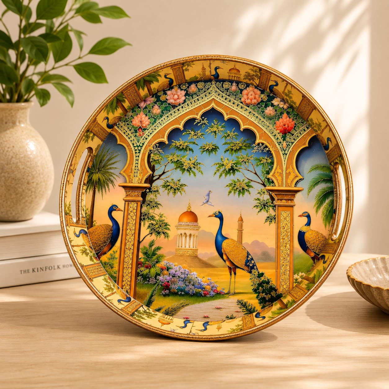 Royal Peacock Decorative Serving Tray, Solid Wood, Round, Glossy Finish, Handcrafted, Traditional Indian Style, 38.1 cm - image 7