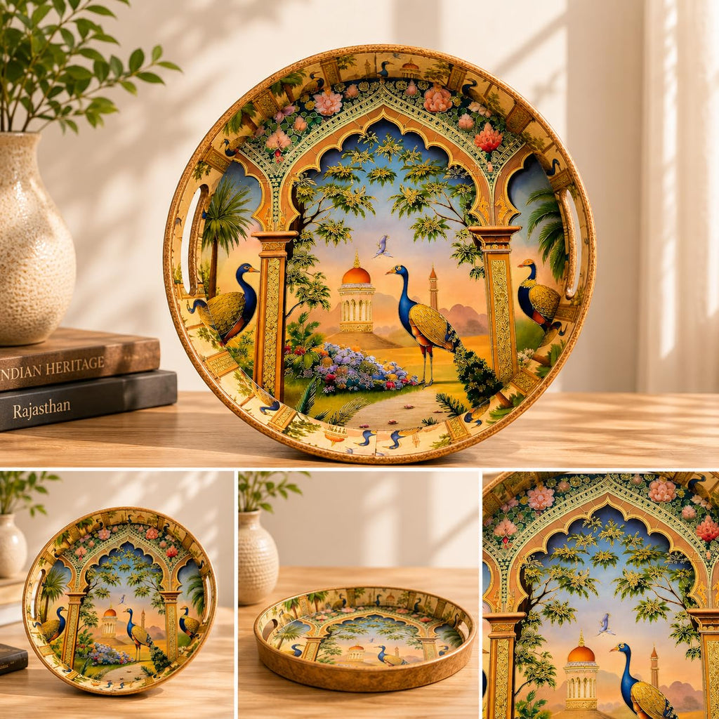 Royal Peacock Decorative Serving Tray, Solid Wood, Round, Glossy Finish, Handcrafted, Traditional Indian Style, 38.1 cm - image 8