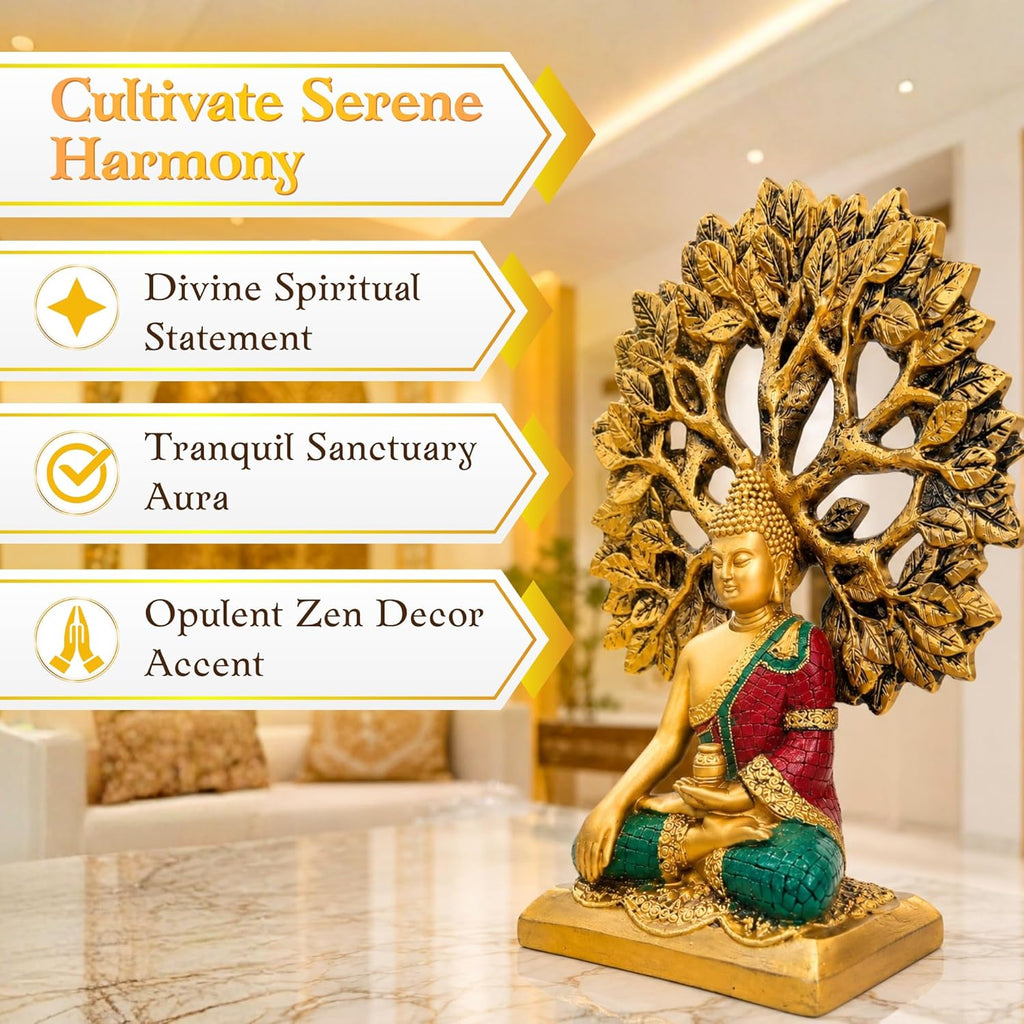 Gold Buddha Under Bodhi Tree Idol for Home Decor, Meditation, Peace & Positive Energy Showpiece - image 2