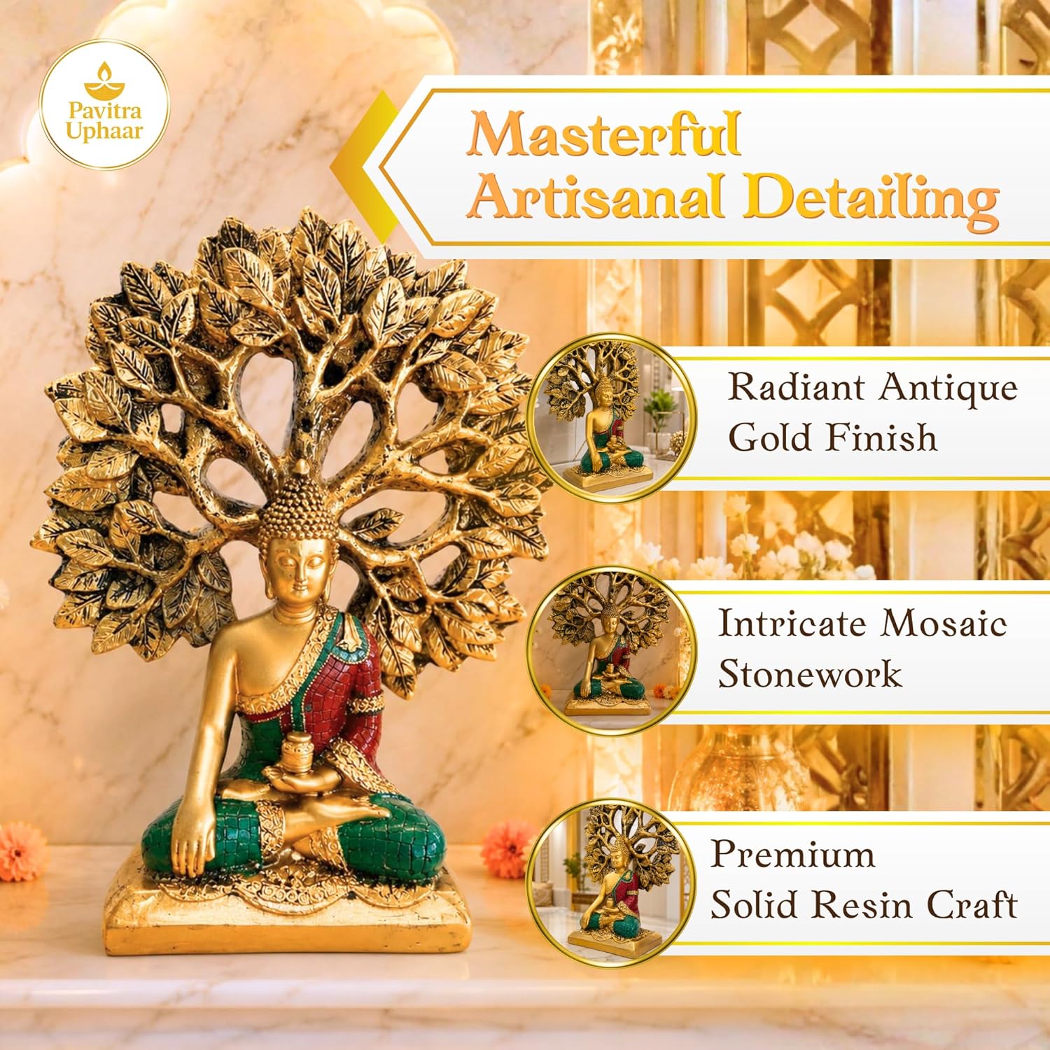 Gold Buddha Under Bodhi Tree Idol for Home Decor, Meditation, Peace & Positive Energy Showpiece - image 3