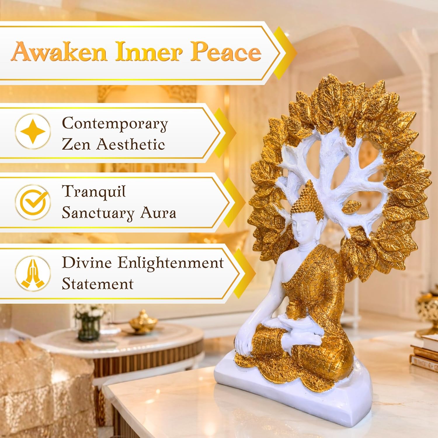 Marble White & Gold Buddha Under Bodhi Tree Idol for Home Decor, Meditation, Peace & Positive Energy Showpiece - image 2