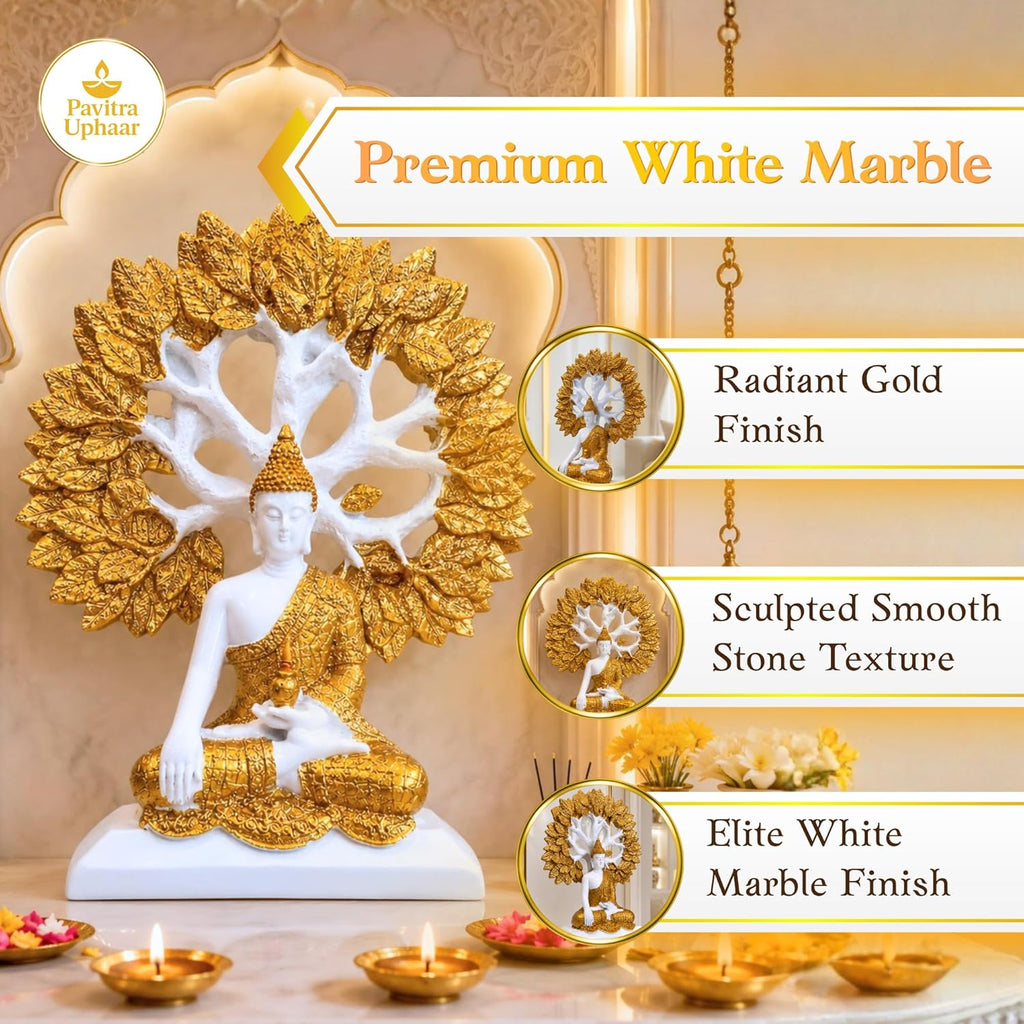 Marble White & Gold Buddha Under Bodhi Tree Idol for Home Decor, Meditation, Peace & Positive Energy Showpiece - image 3
