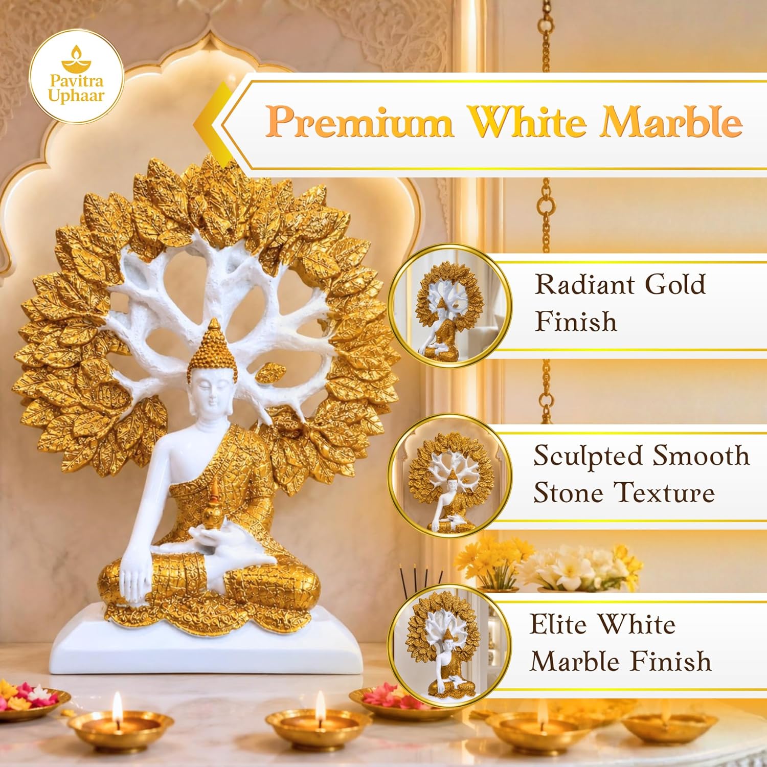 Marble White & Gold Buddha Under Bodhi Tree Idol for Home Decor, Meditation, Peace & Positive Energy Showpiece - image 3