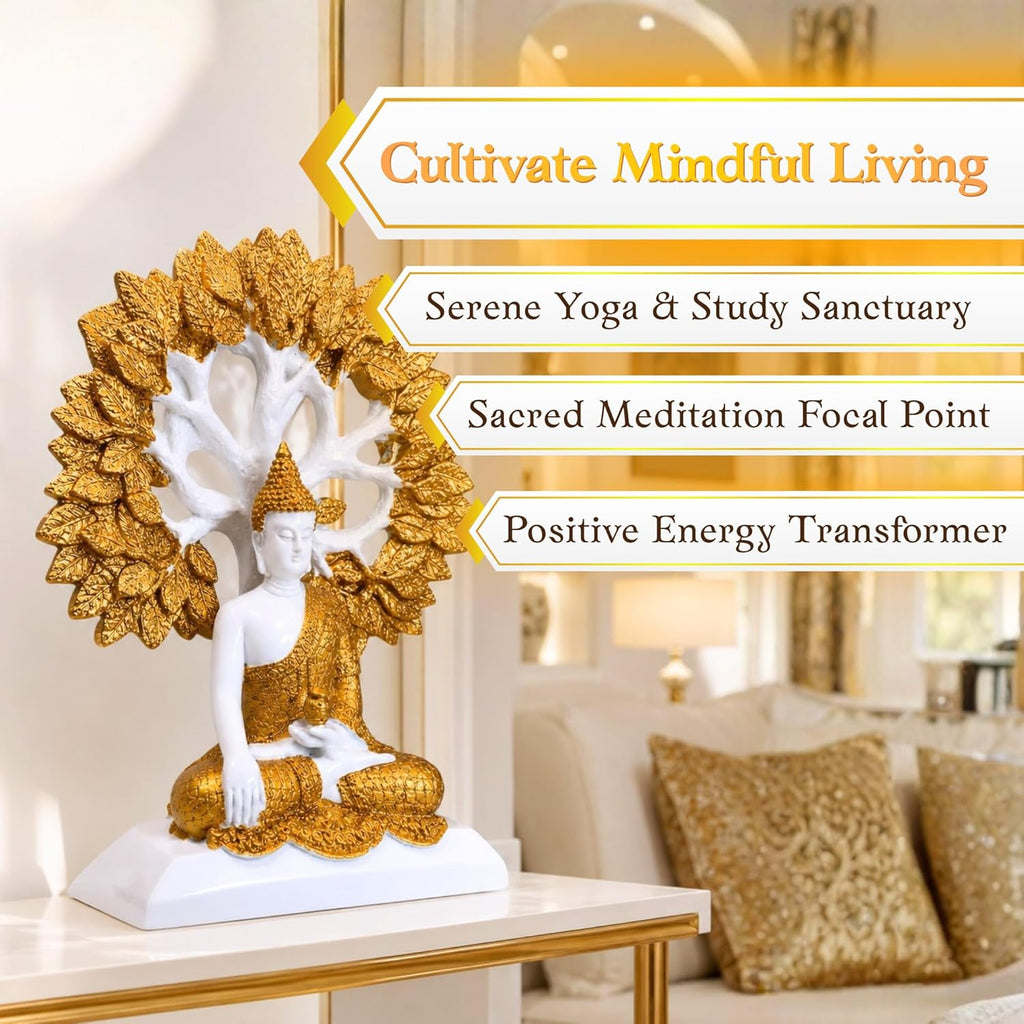 Marble White & Gold Buddha Under Bodhi Tree Idol for Home Decor, Meditation, Peace & Positive Energy Showpiece - image 4
