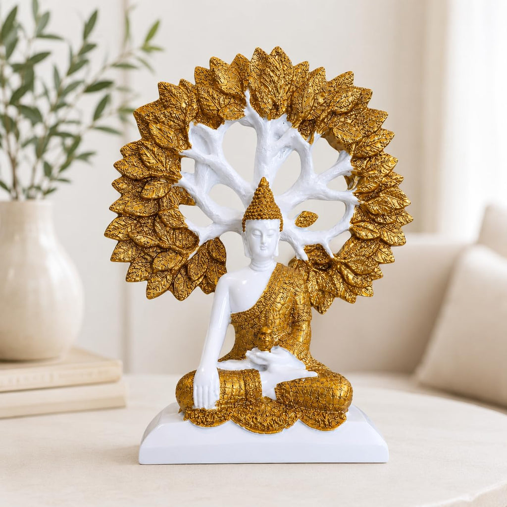 Marble White & Gold Buddha Under Bodhi Tree Idol for Home Decor, Meditation, Peace & Positive Energy Showpiece - image 6