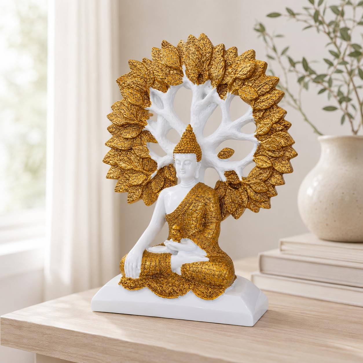Marble White & Gold Buddha Under Bodhi Tree Idol for Home Decor, Meditation, Peace & Positive Energy Showpiece - image 8